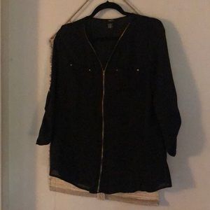 Rue21 black zip up blouse with gold detail L